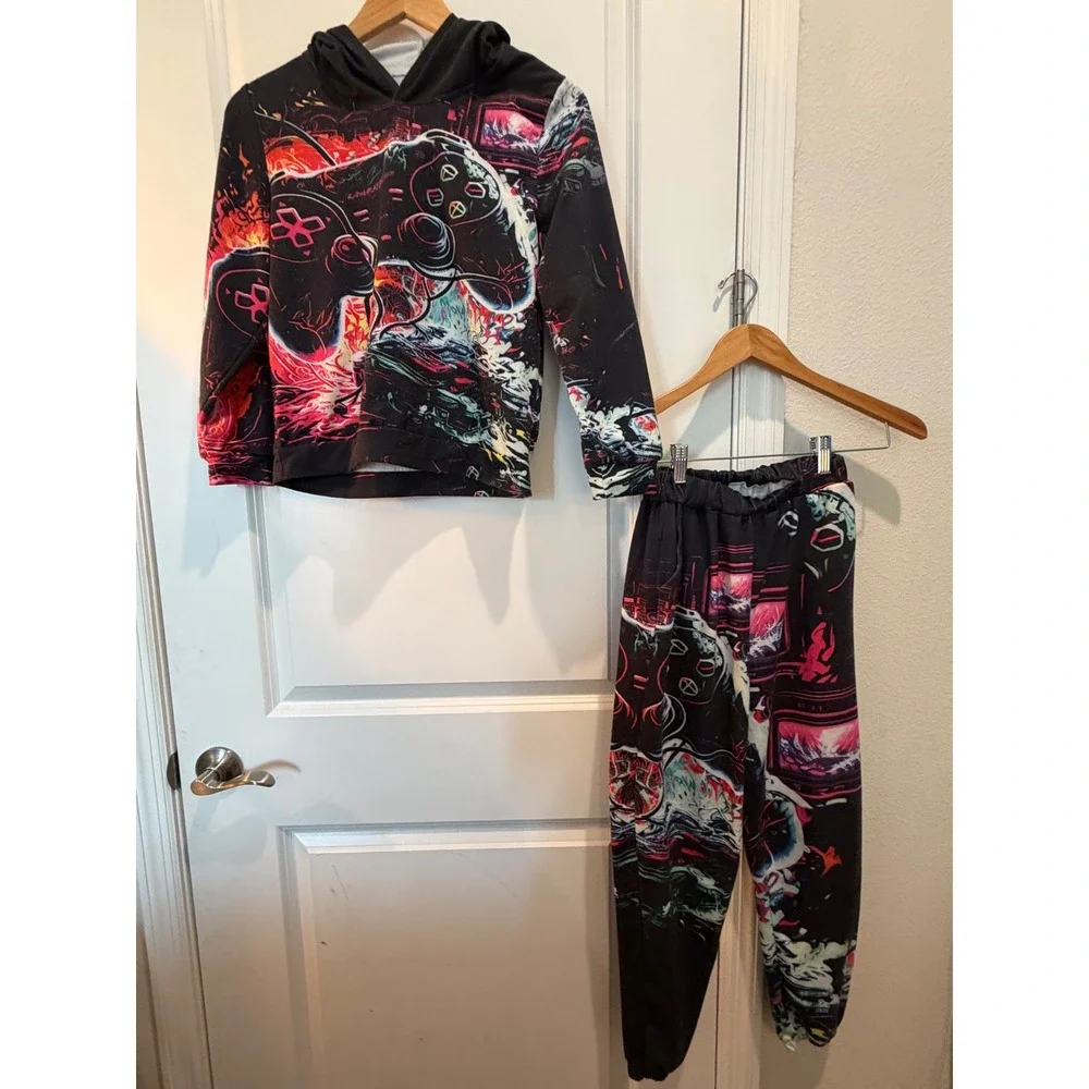 Boys Gamer Video Game Controller Hoodie and Joggers Tracksuit Set Black Neon